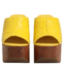 Yellow Leather Wood Mule Wedge Slides Shoes