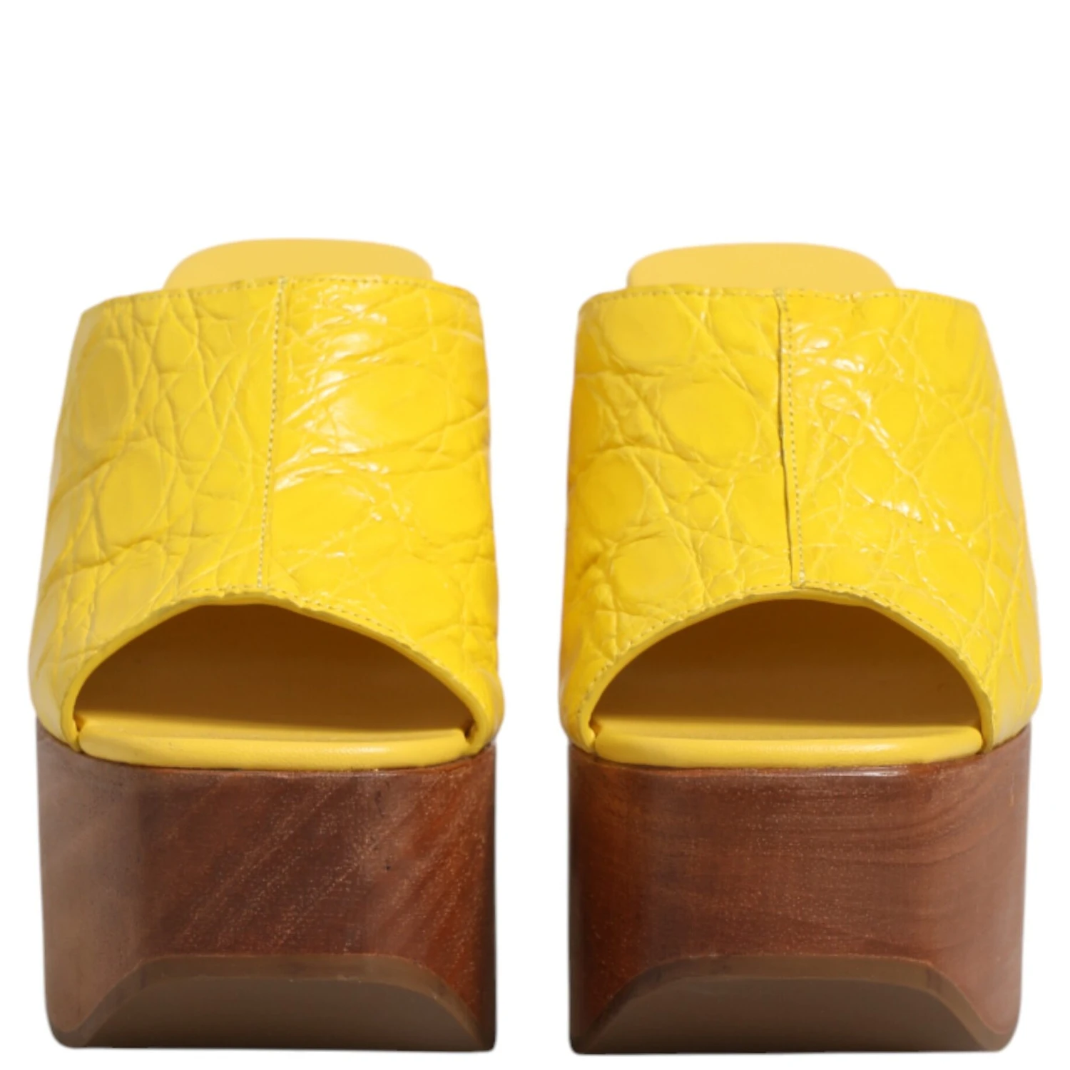 Yellow Leather Wood Mule Wedge Slides Shoes