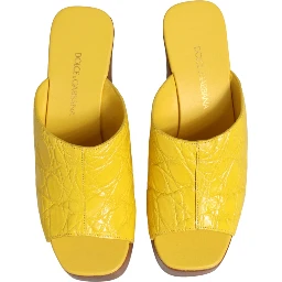 Yellow Leather Wood Mule Wedge Slides Shoes