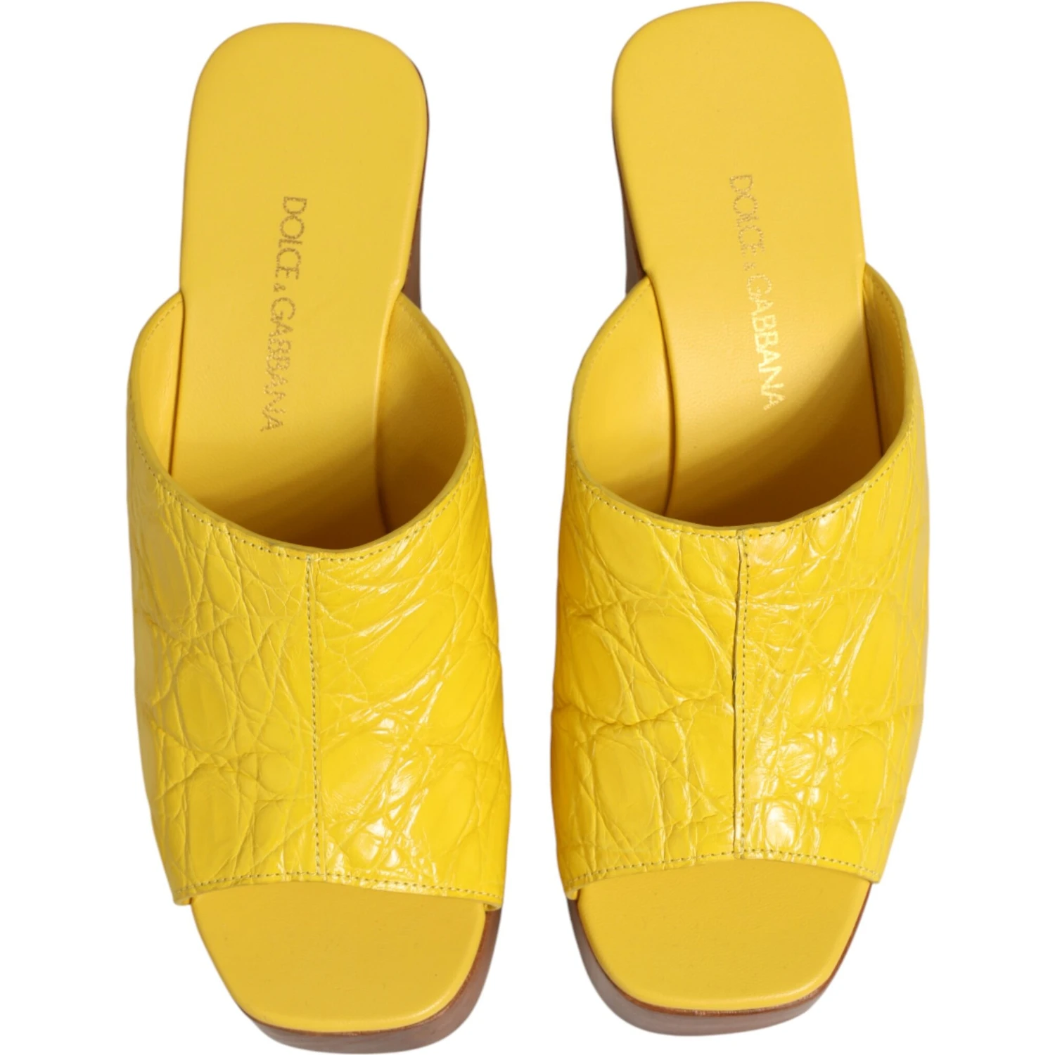 Yellow Leather Wood Mule Wedge Slides Shoes