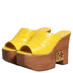 Yellow Leather Wood Mule Wedge Slides Shoes
