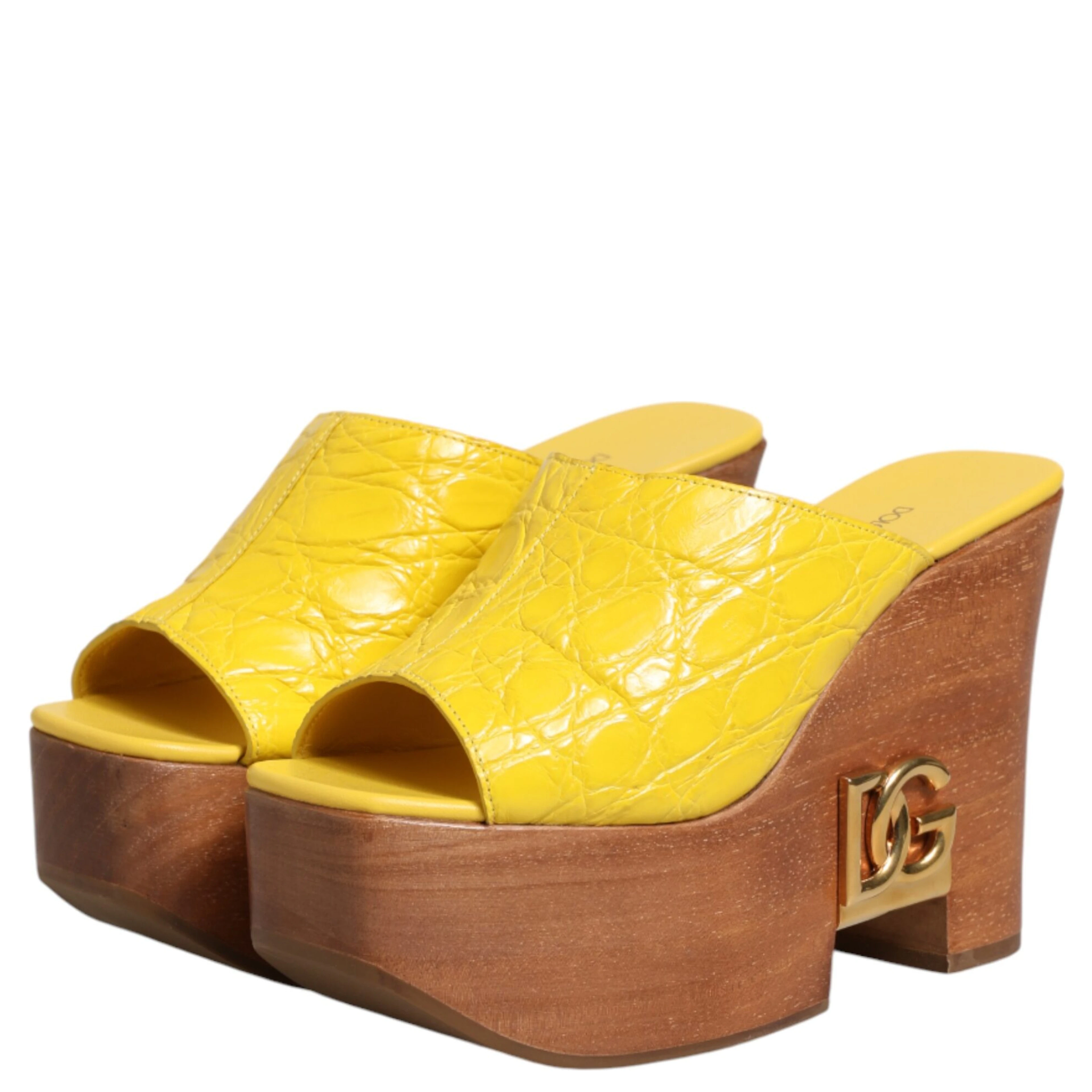 Yellow Leather Wood Mule Wedge Slides Shoes