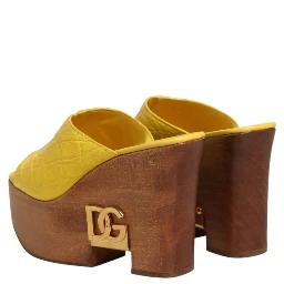 Yellow Leather Wood Mule Wedge Slides Shoes