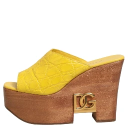 Yellow Leather Wood Mule Wedge Slides Shoes