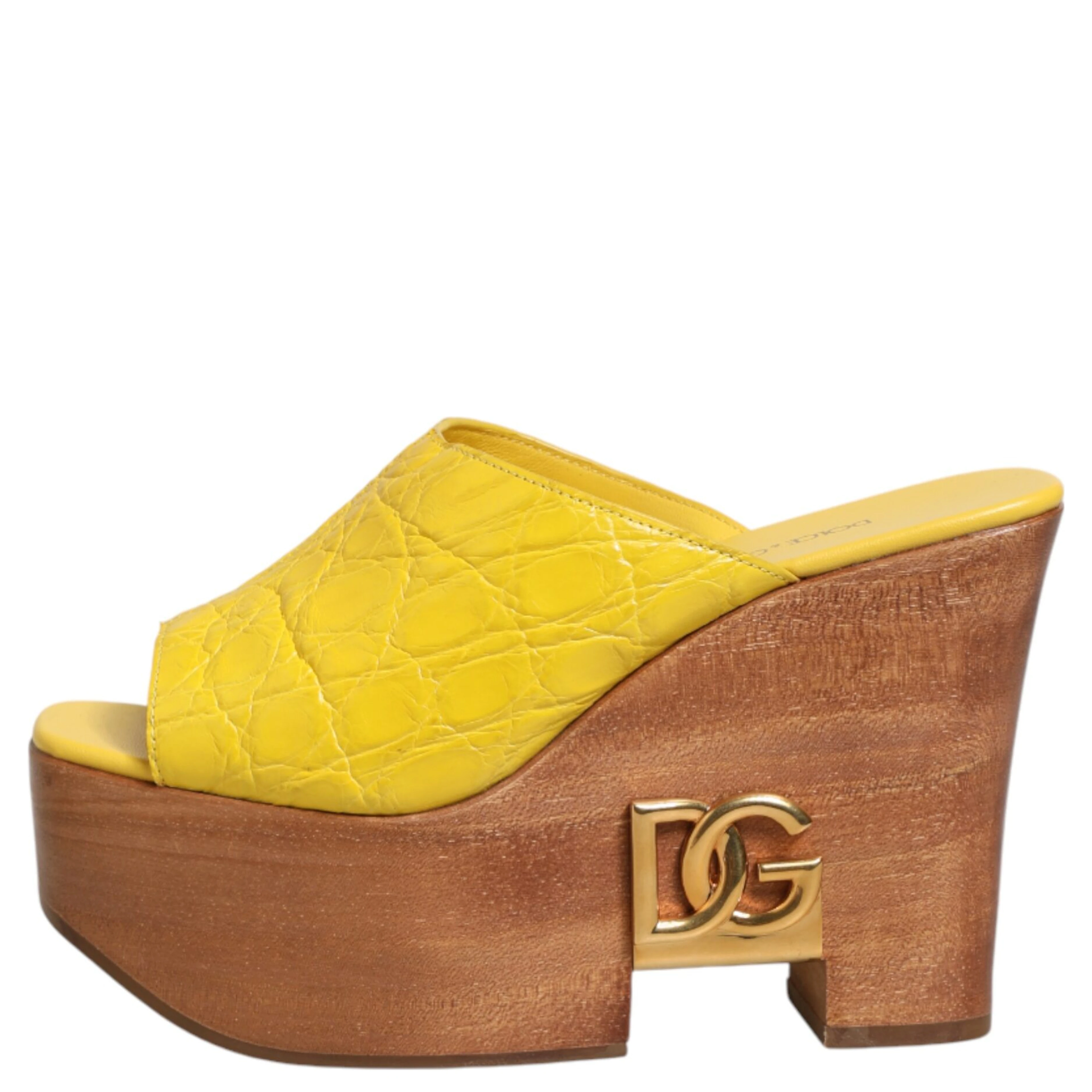 Yellow Leather Wood Mule Wedge Slides Shoes