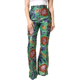 Green Floral Polyester BootCut Trouser Pants