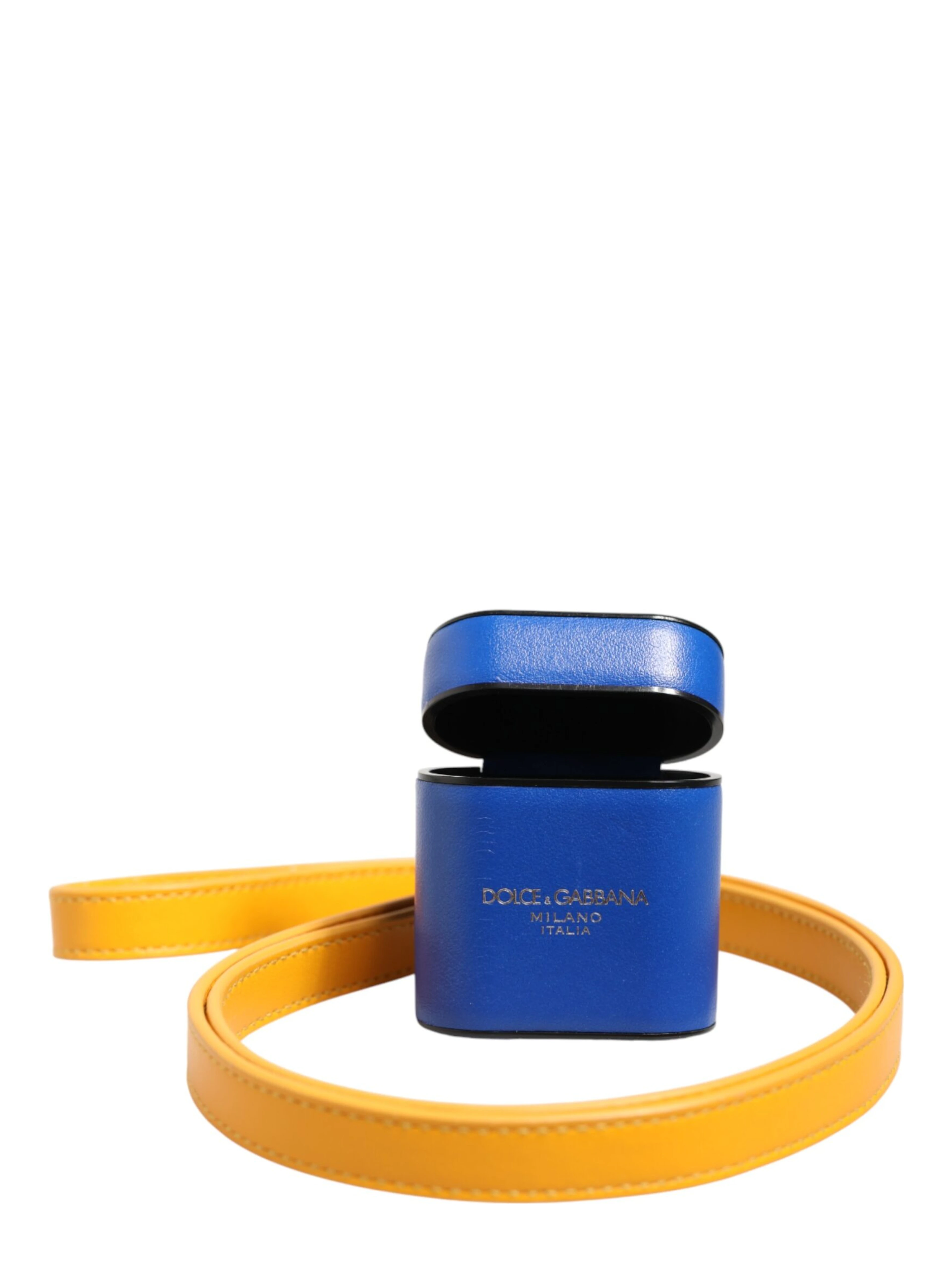 Blue Yellow Calfskin Leather Logo Strap Men Airpods Case