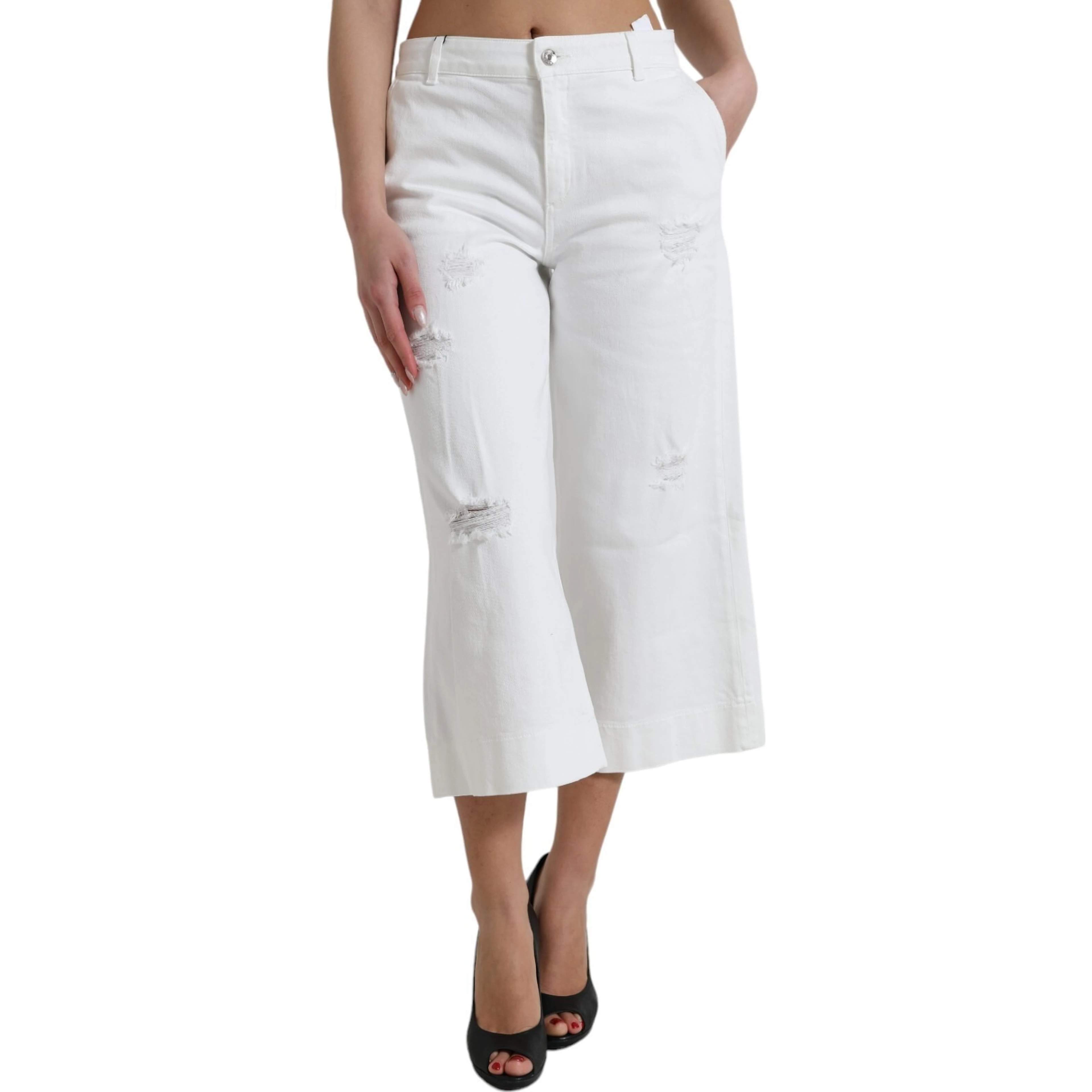 Wide Leg White Cotton Cropped Denim Jeans