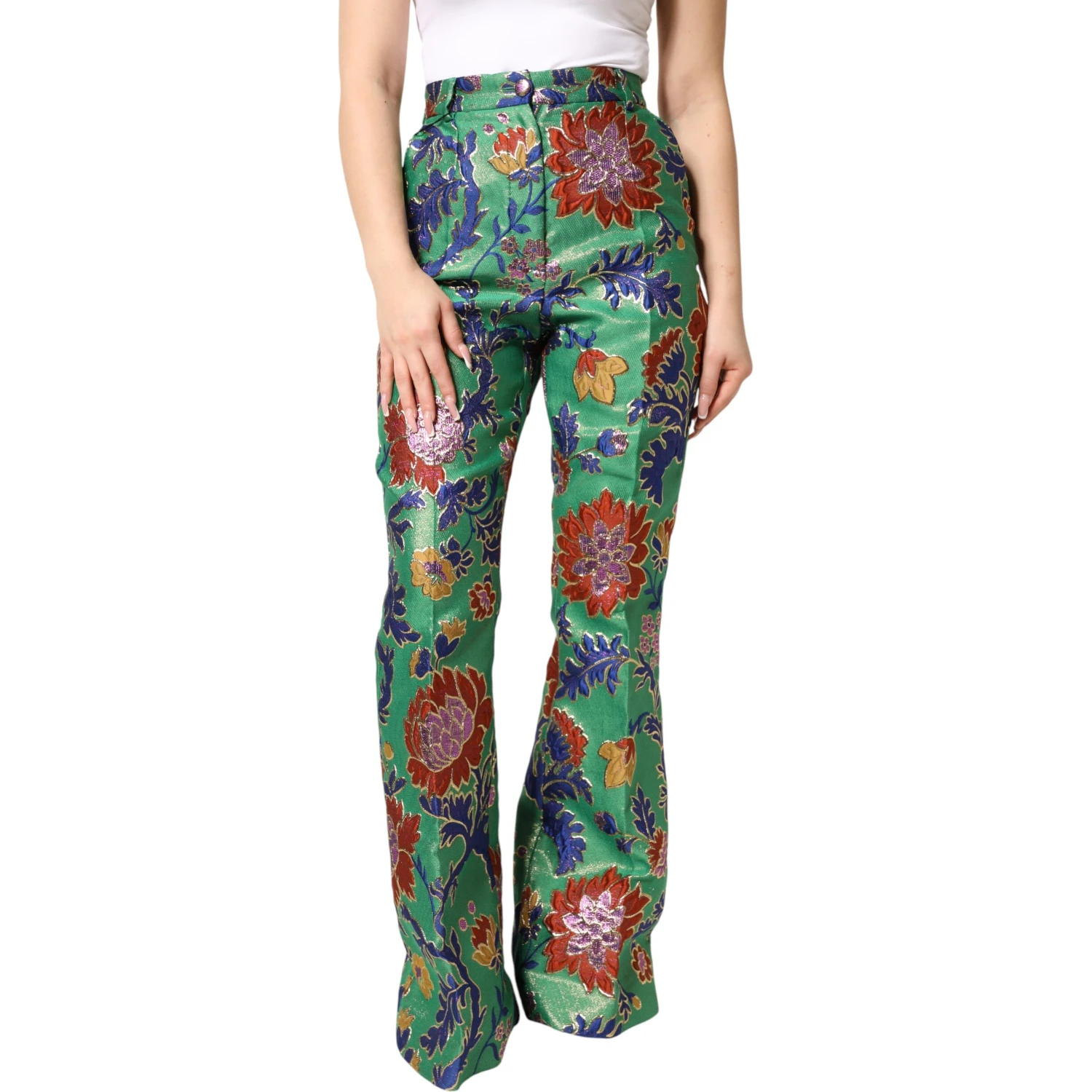 Green Floral Polyester BootCut Trouser Pants