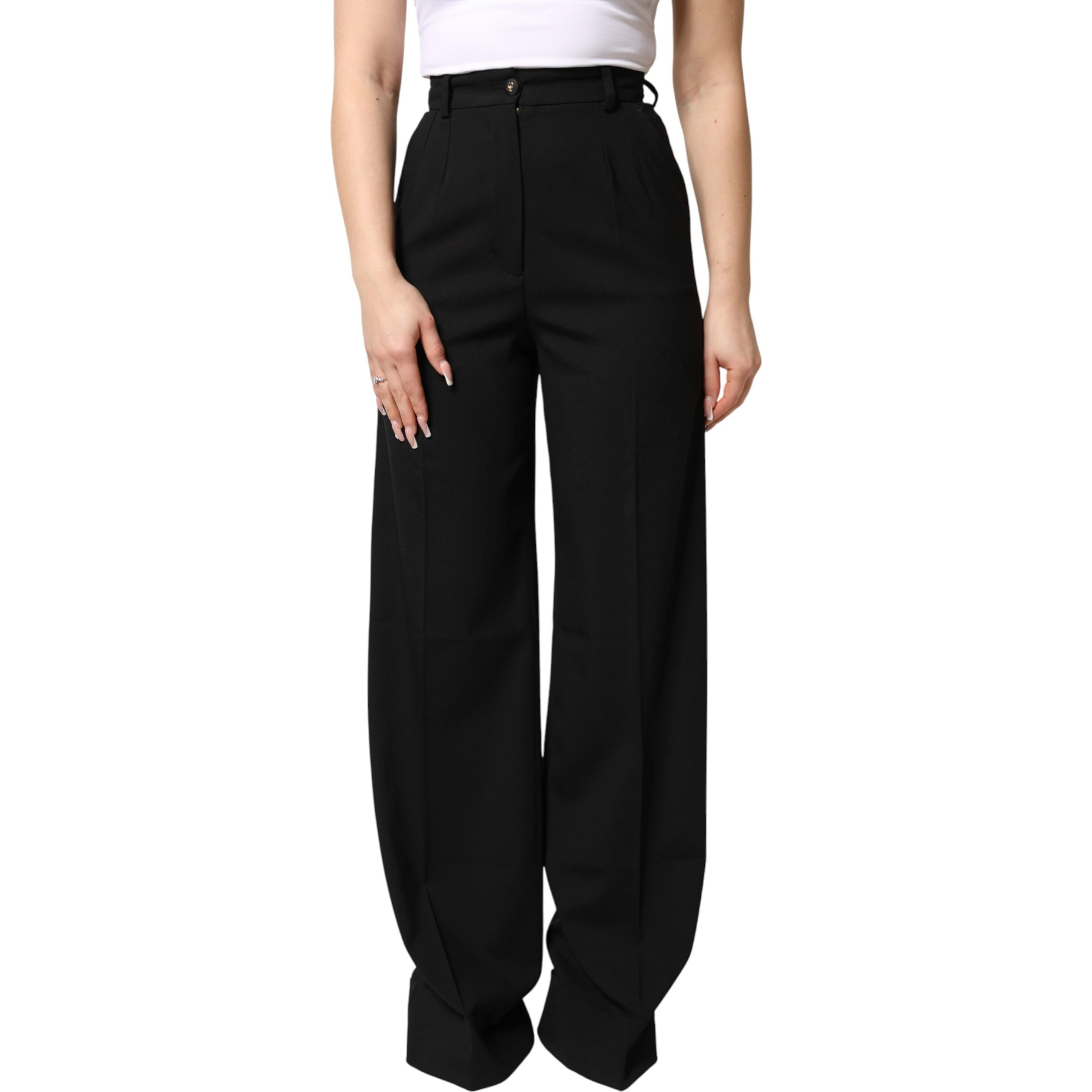Black Wool Blend Straight High Waist Pants