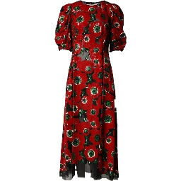 Red Floral Print Nylon A-line Midi Dress