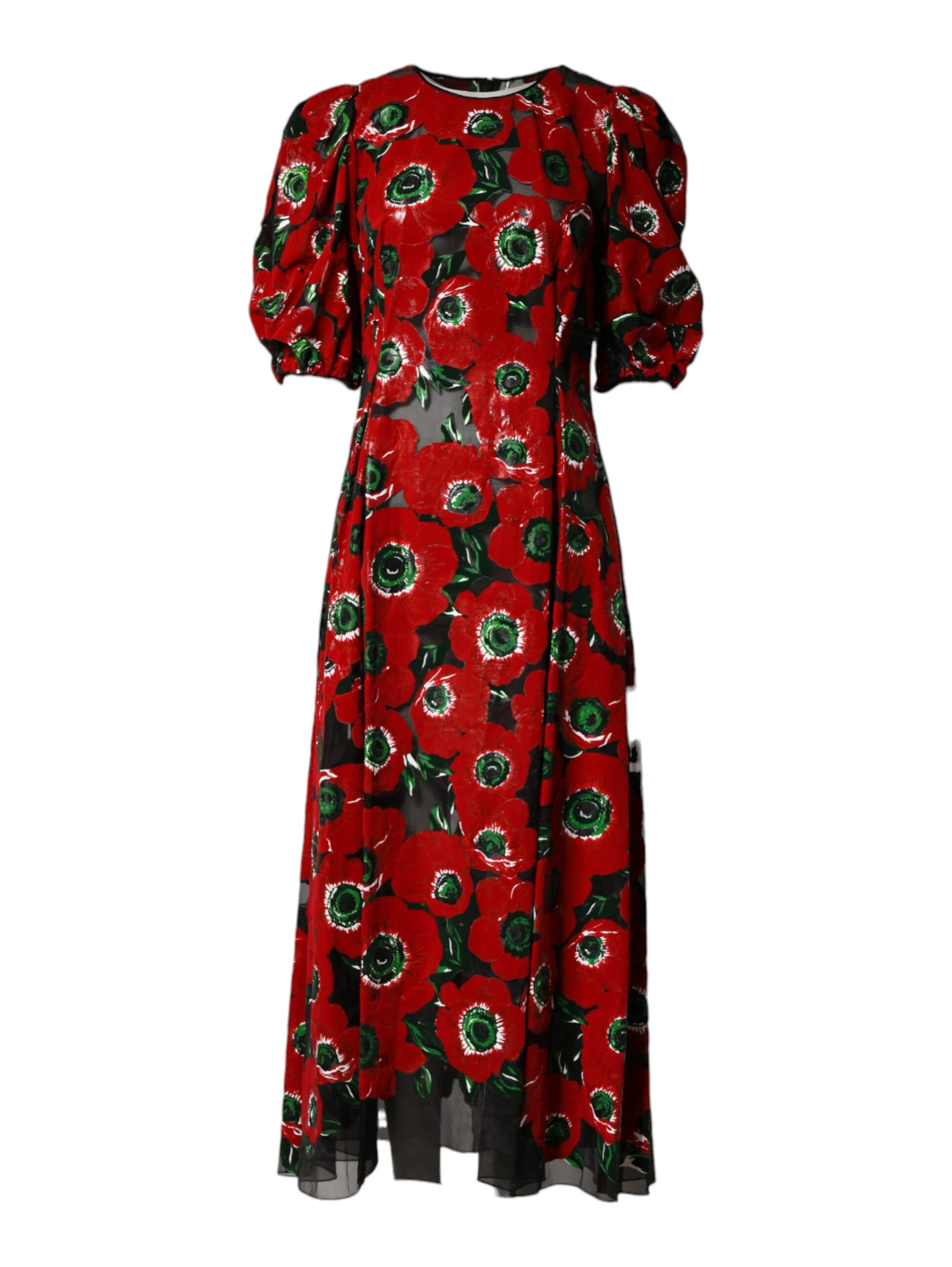 Red Floral Print Nylon A-line Midi Dress