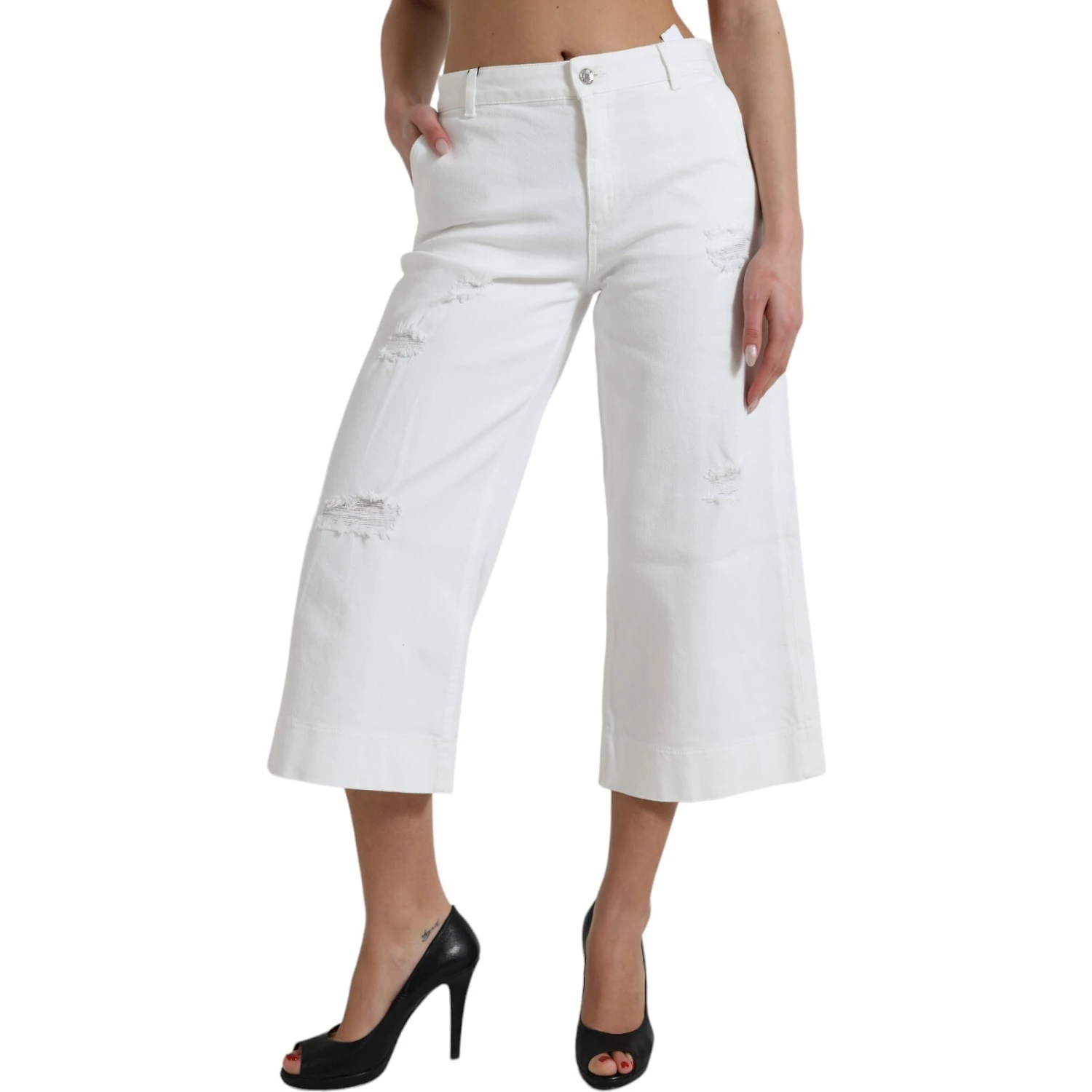 Wide Leg White Cotton Cropped Denim Jeans
