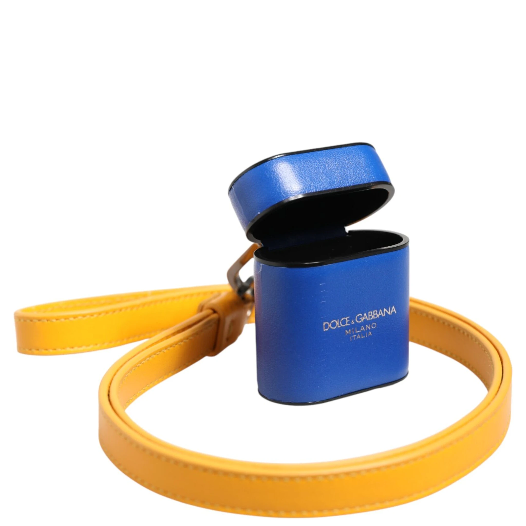Blue Yellow Calfskin Leather Logo Strap Men Airpods Case