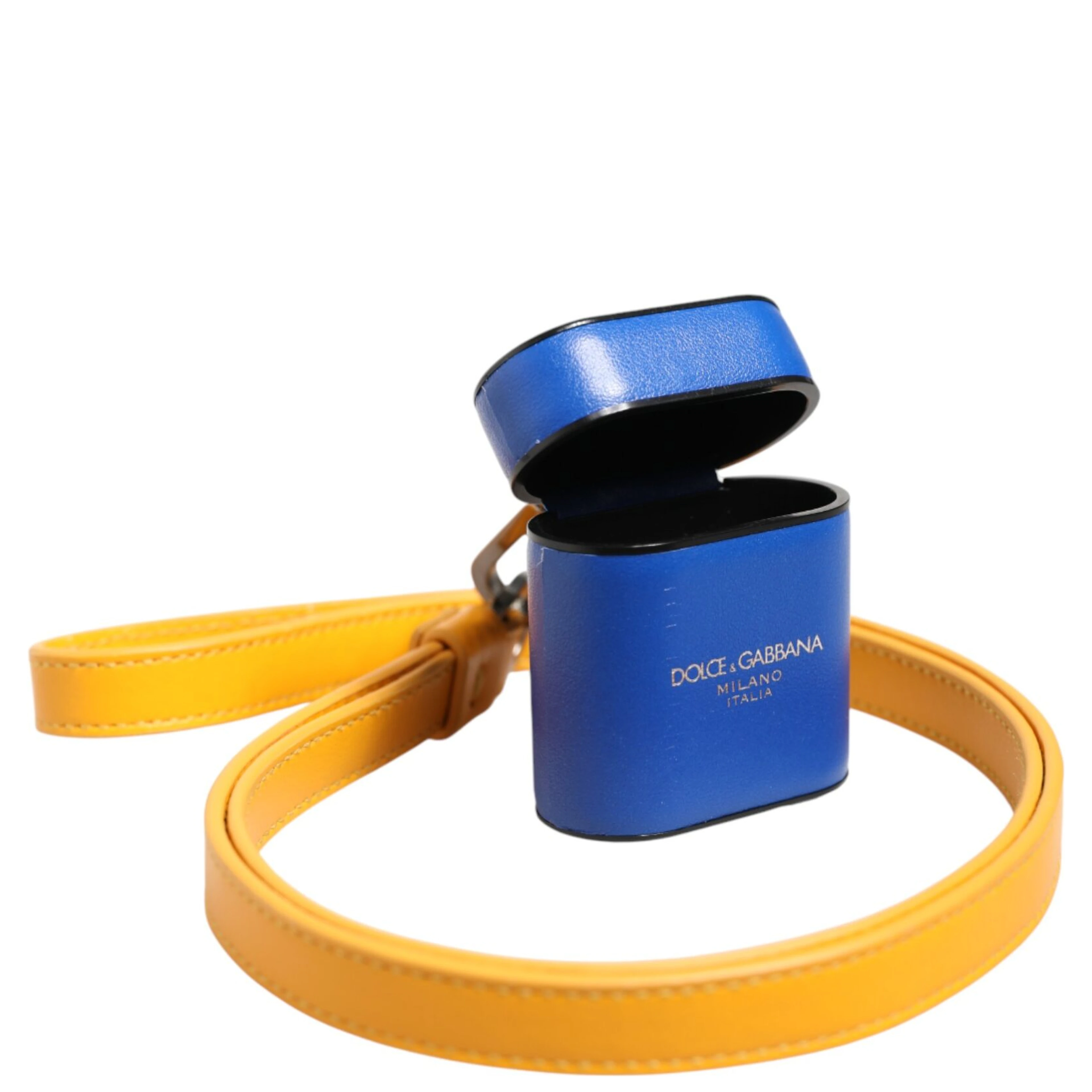 Blue Yellow Calfskin Leather Logo Strap Men Airpods Case