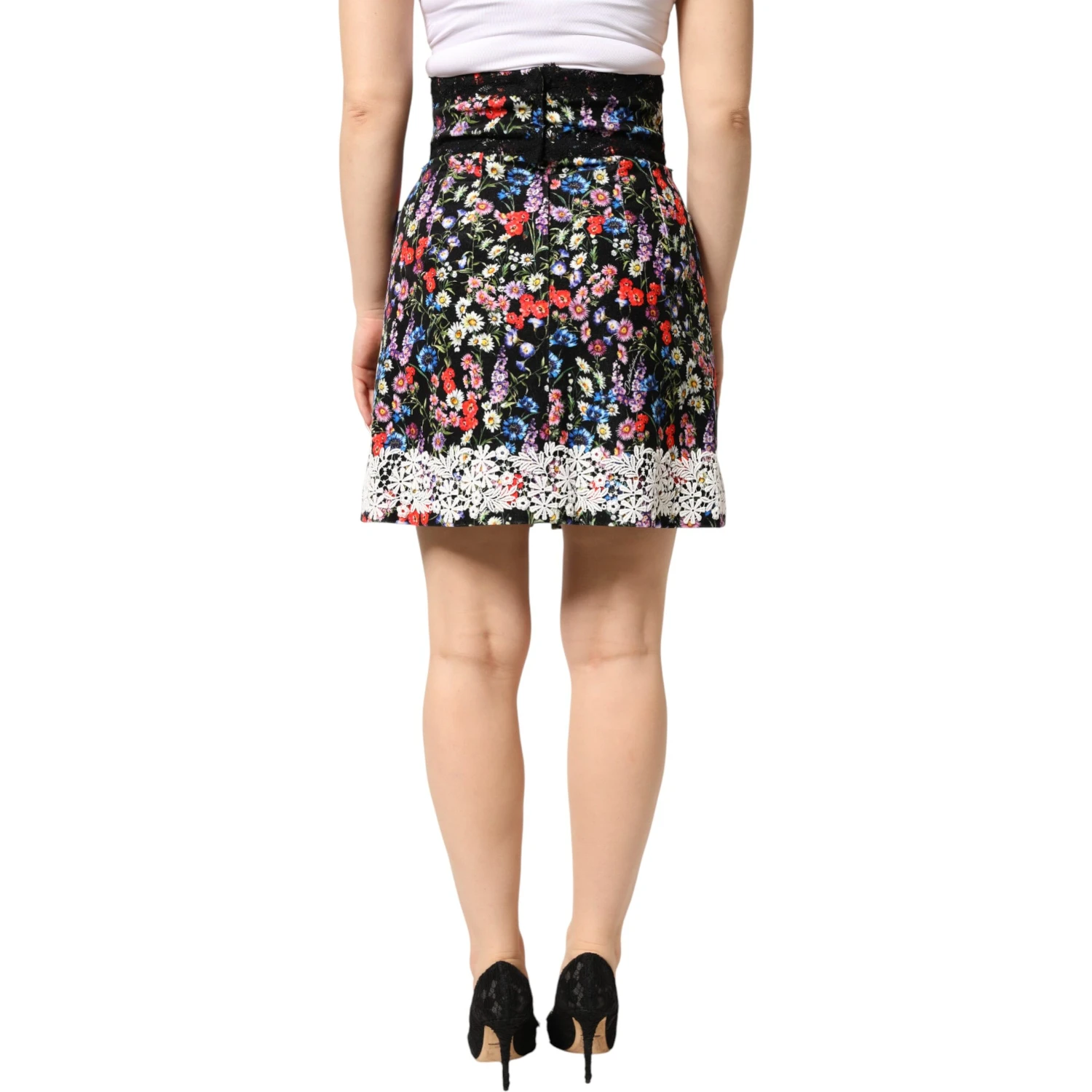 Black Floral Lace Cotton HighWaist Mini Skirt