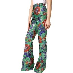 Green Floral Polyester BootCut Trouser Pants