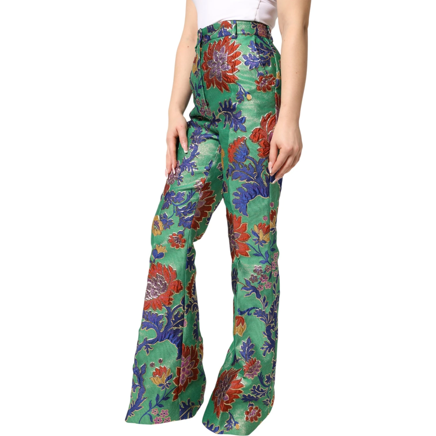 Green Floral Polyester BootCut Trouser Pants