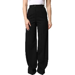 Black Wool Blend Straight High Waist Pants