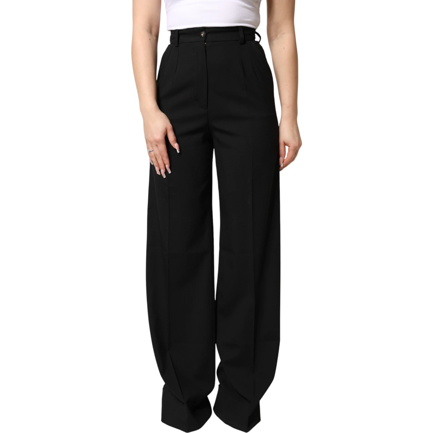 Black Wool Blend Straight High Waist Pants