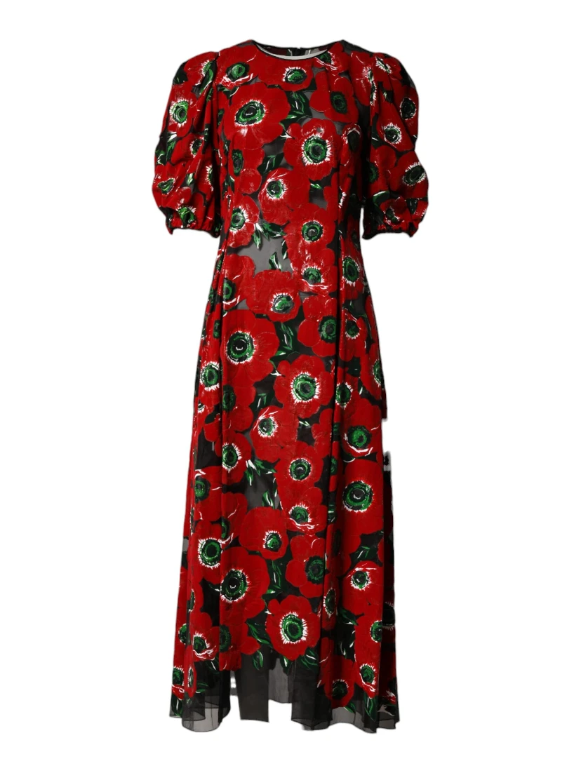 Red Floral Print Nylon A-line Midi Dress