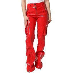 Red Glossy Polyester Cargo Boot Cut Pants