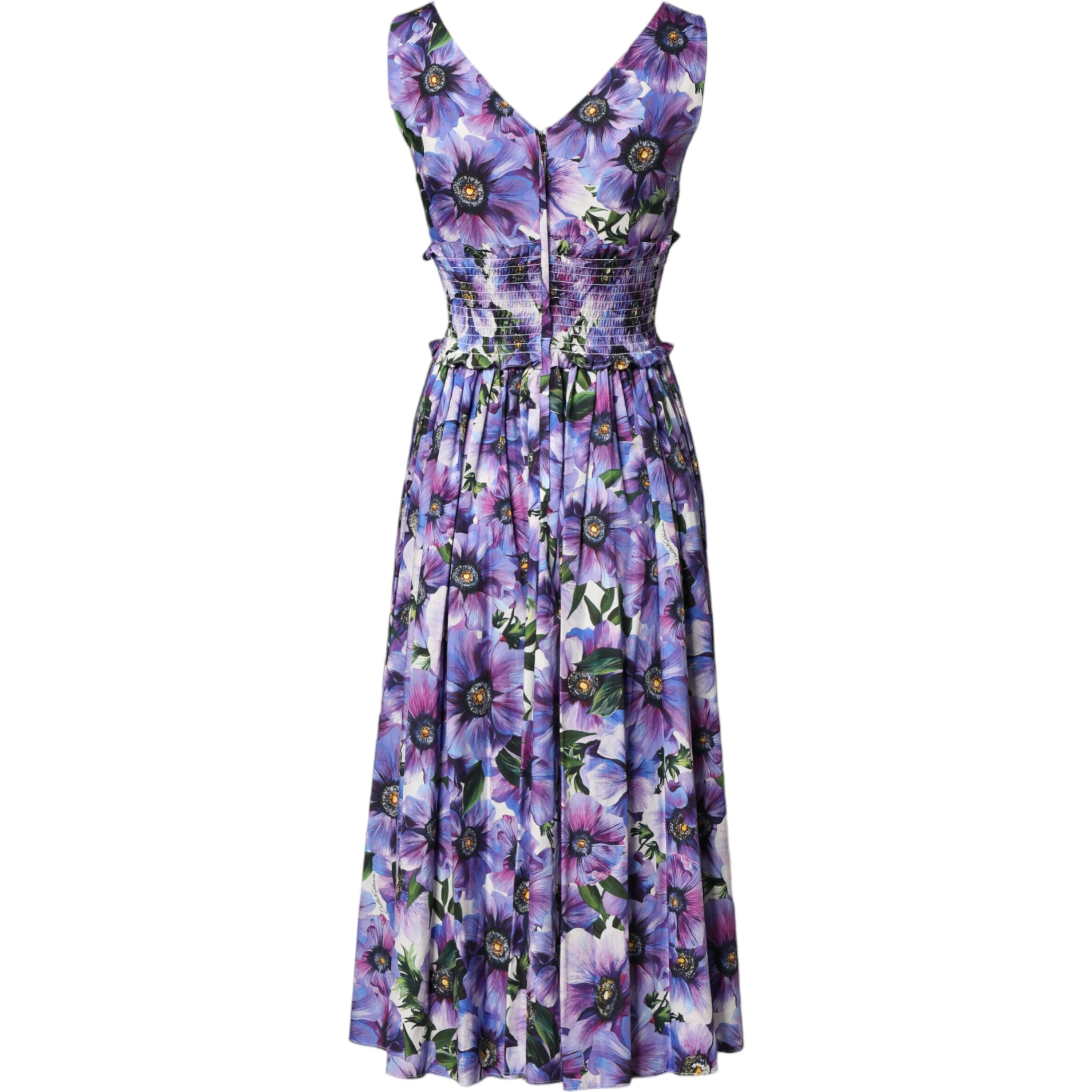 Purple Anemone Print Pleated Midi Dress