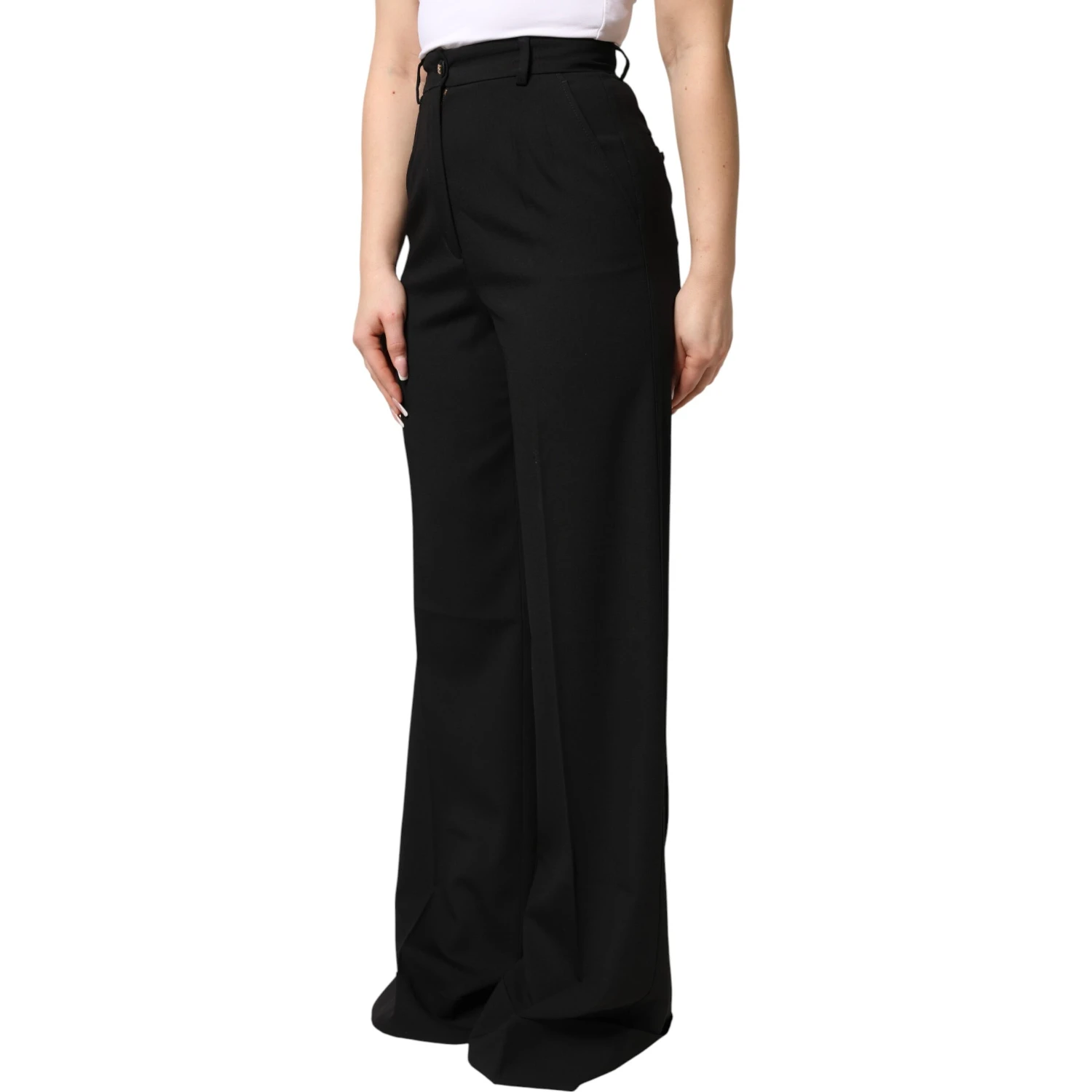 Black Wool Blend Straight High Waist Pants