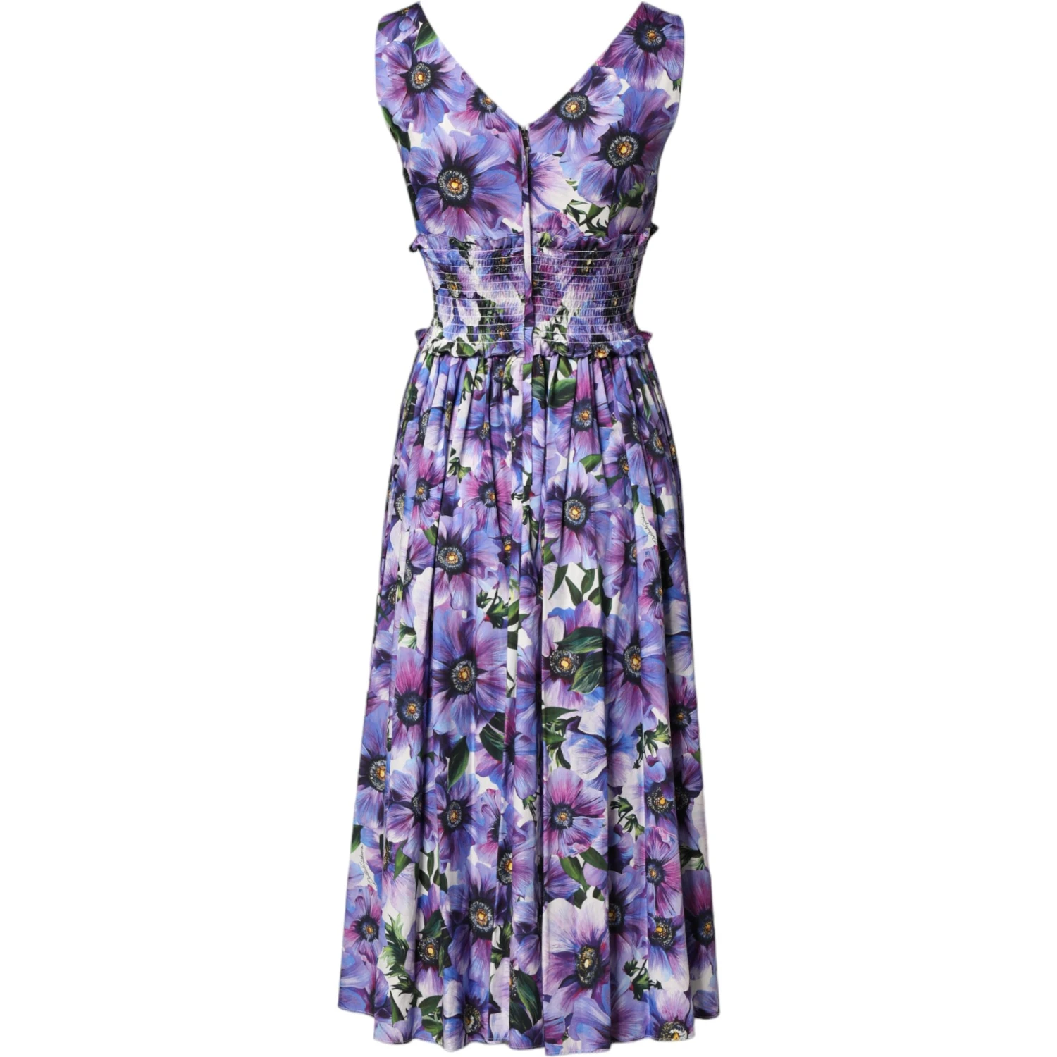 Purple Anemone Print Pleated Midi Dress