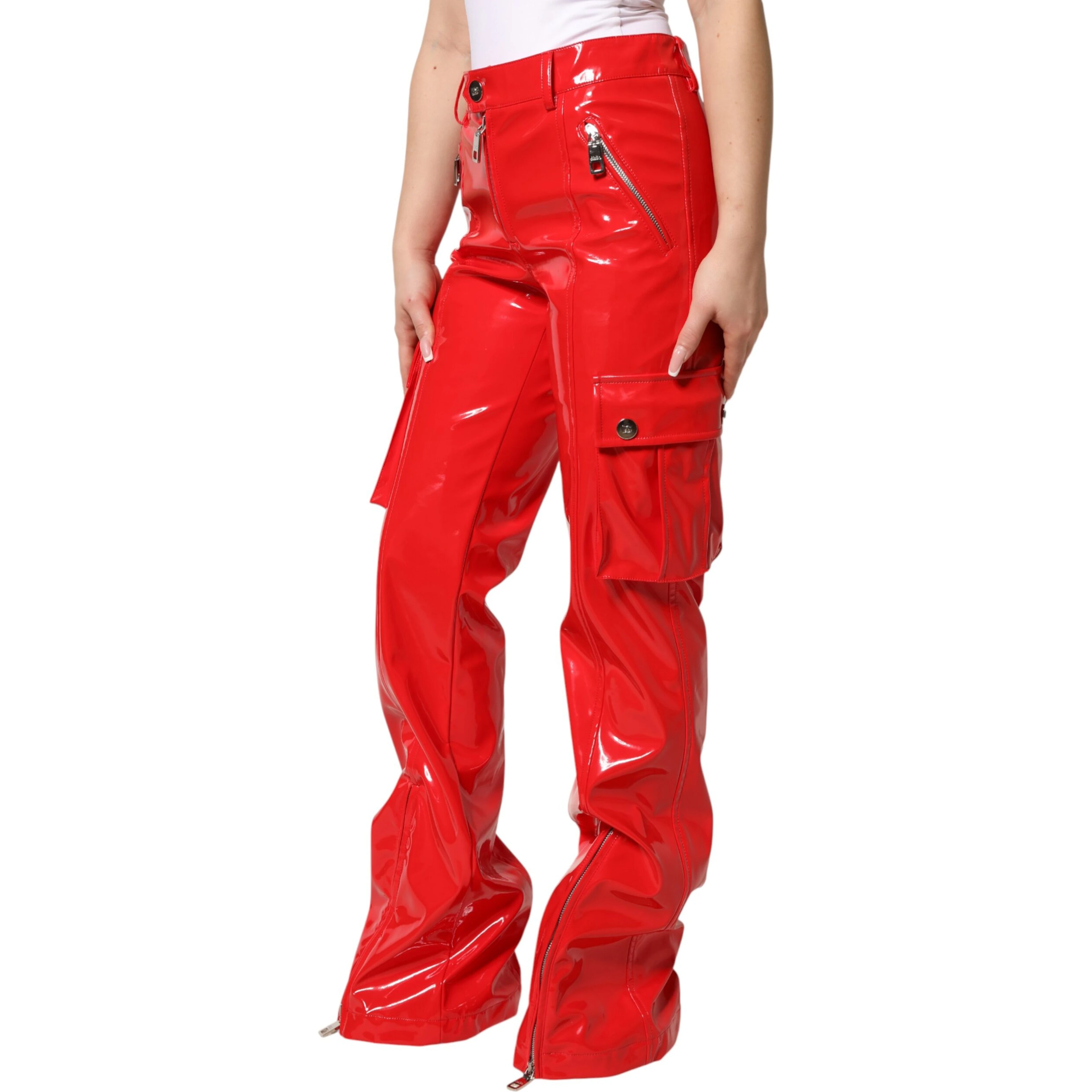 Red Glossy Polyester Cargo Boot Cut Pants
