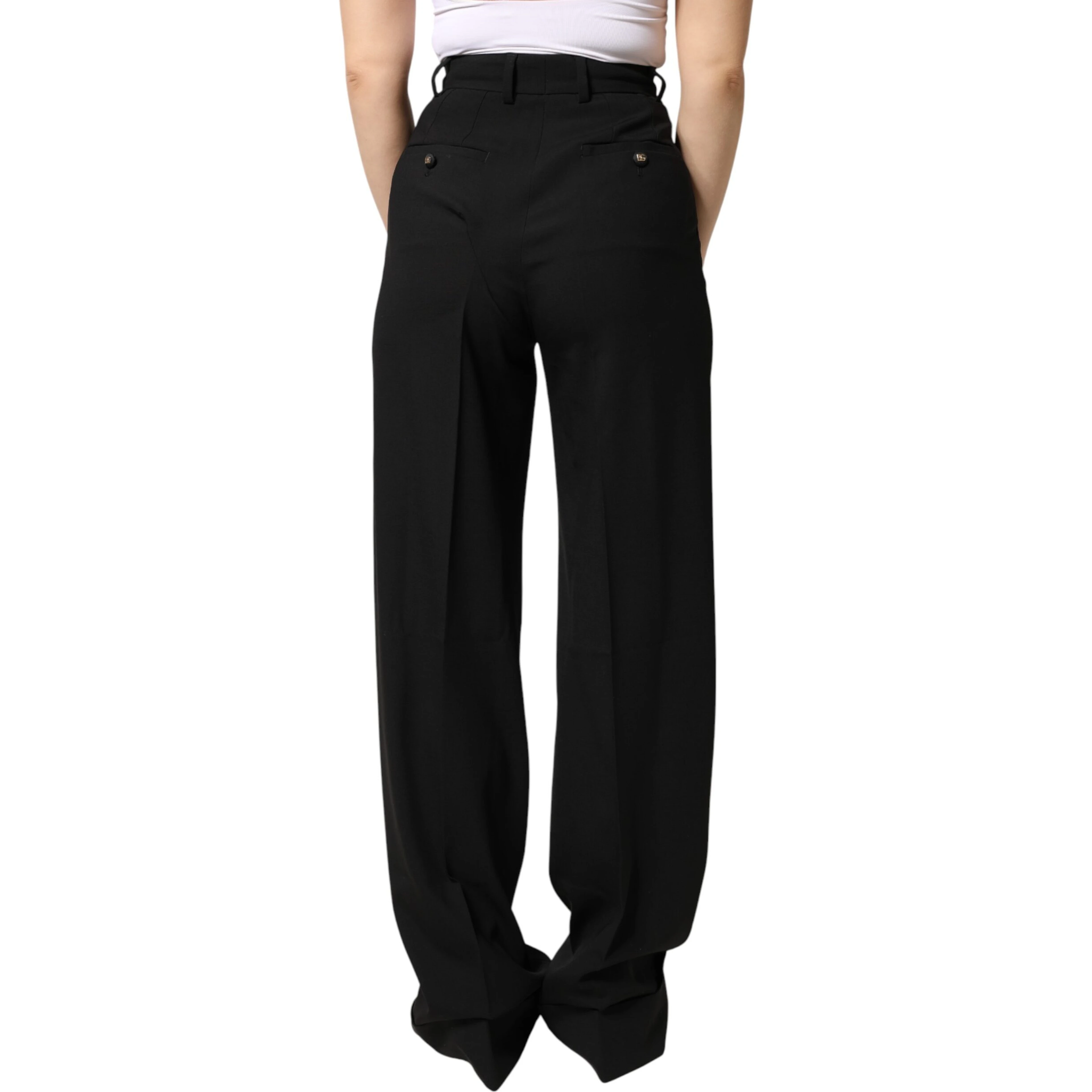 Black Wool Blend Straight High Waist Pants