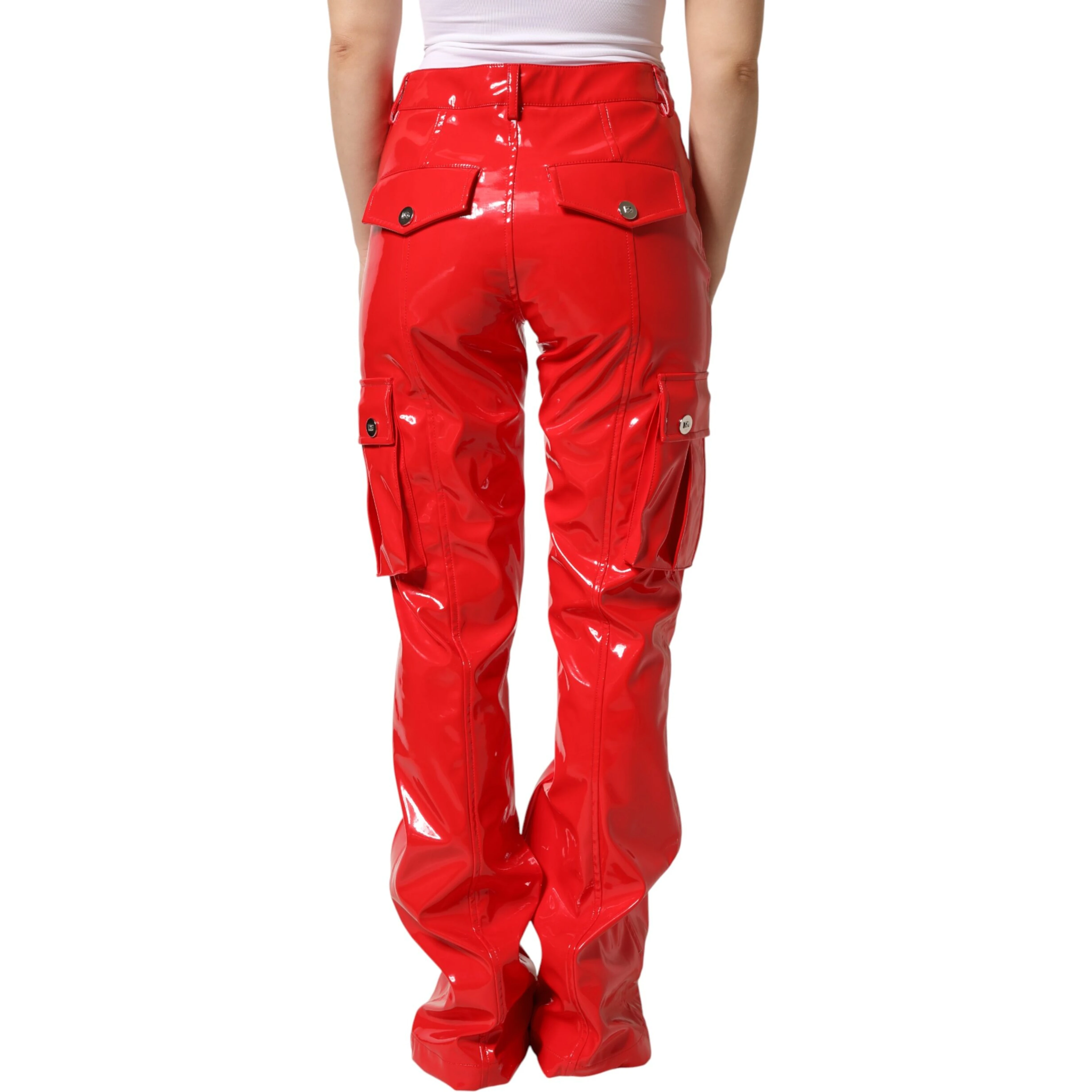 Red Glossy Polyester Cargo Boot Cut Pants