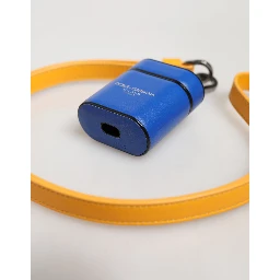 Blue Yellow Calfskin Leather Logo Strap Men Airpods Case