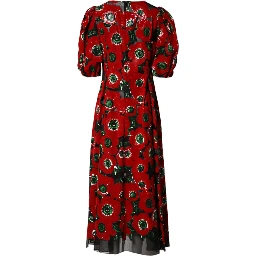 Red Floral Print Nylon A-line Midi Dress