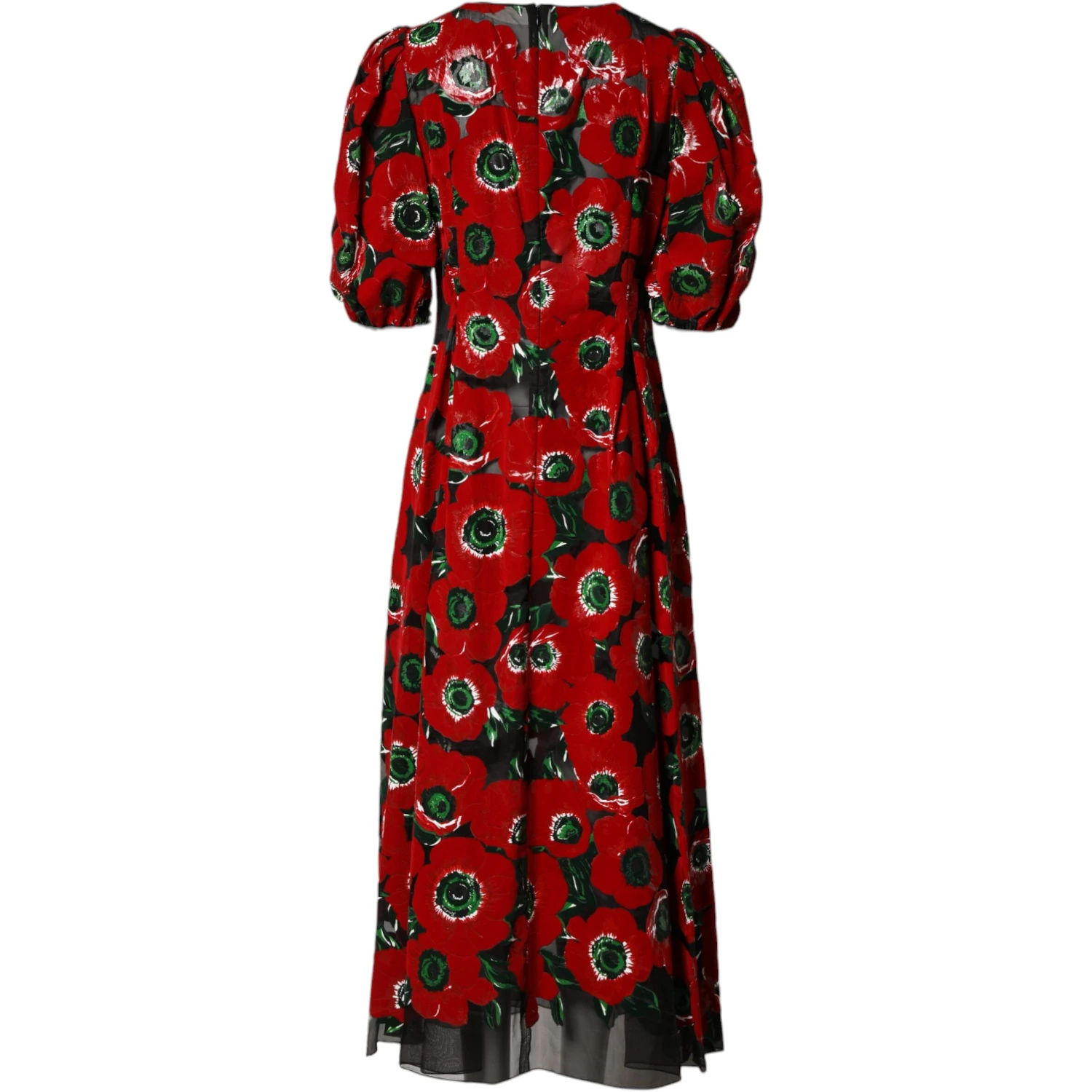 Red Floral Print Nylon A-line Midi Dress