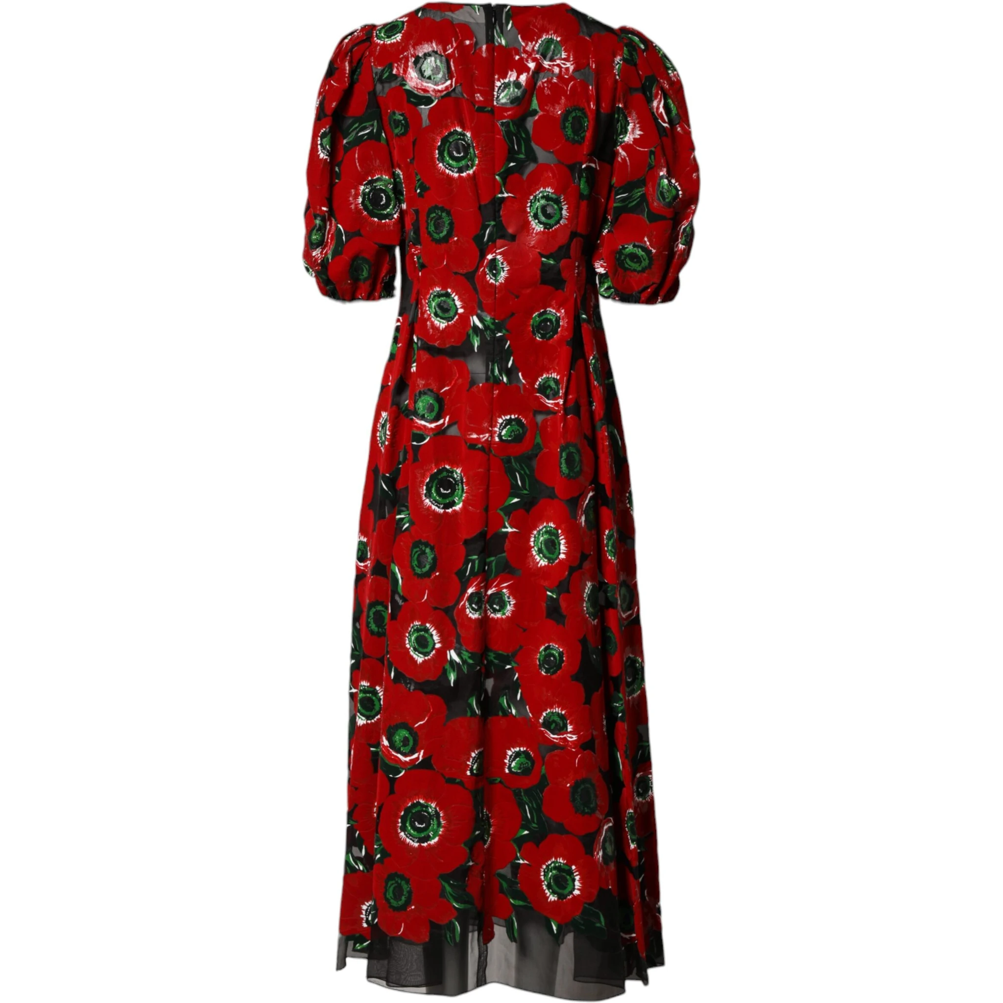 Red Floral Print Nylon A-line Midi Dress
