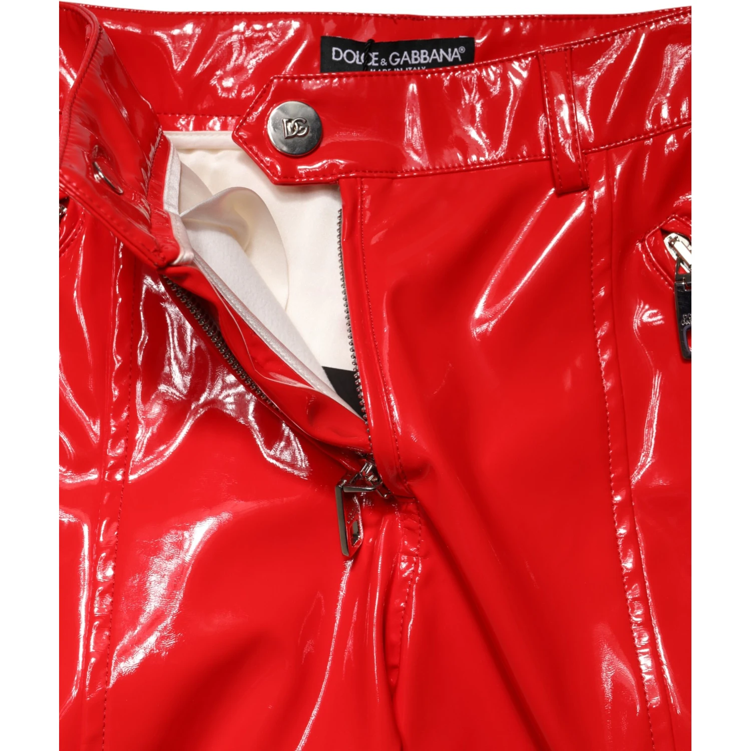 Red Glossy Polyester Cargo Boot Cut Pants