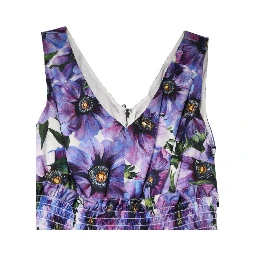 Purple Anemone Print Pleated Midi Dress