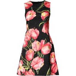 Black Floral Print Viscose A-line Mini  Dress
