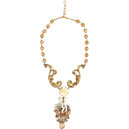 Gold Ceramic Crystal Cherub Baroque Pendant Necklace
