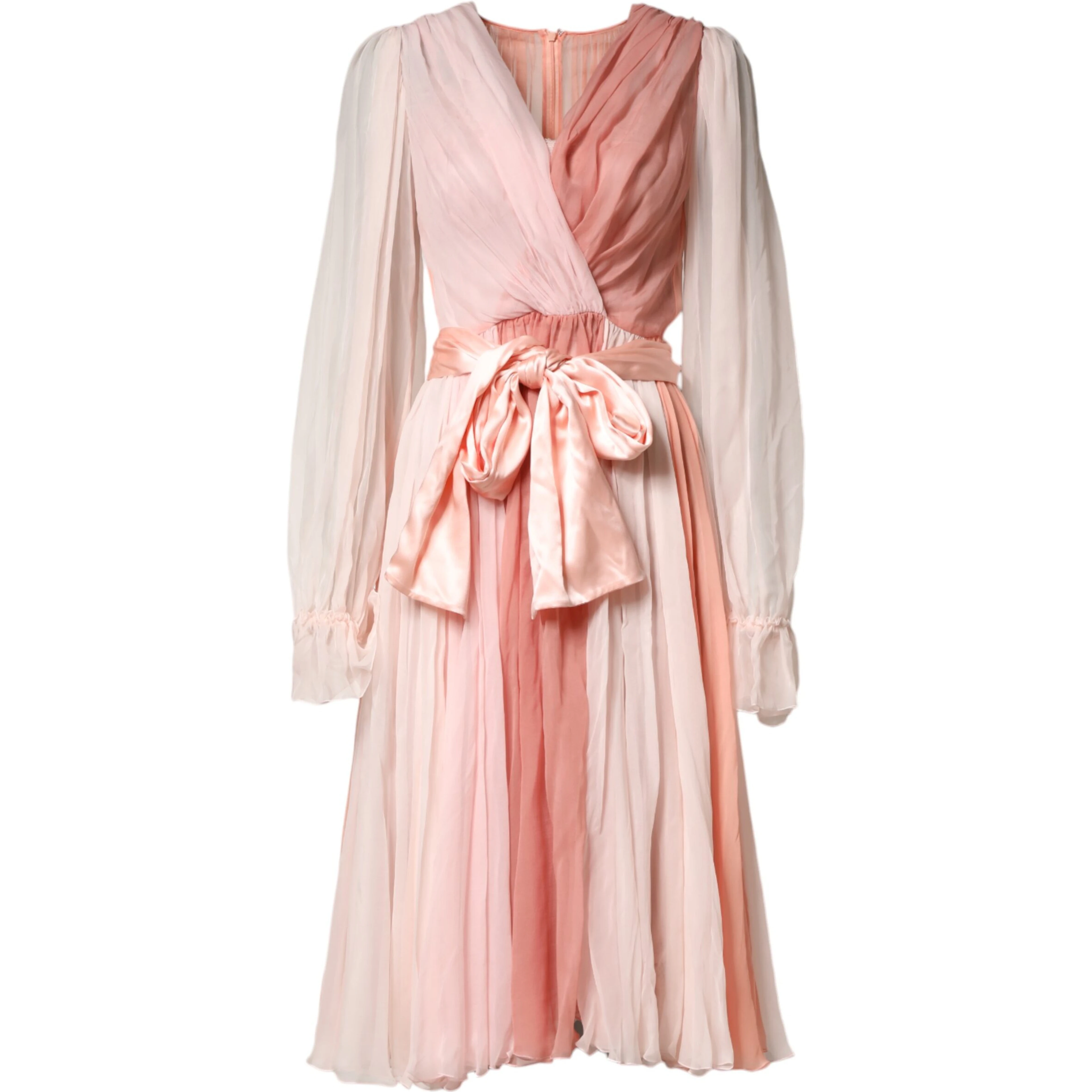 Pink Silk Tulle Long Sleeve V-neck Dress