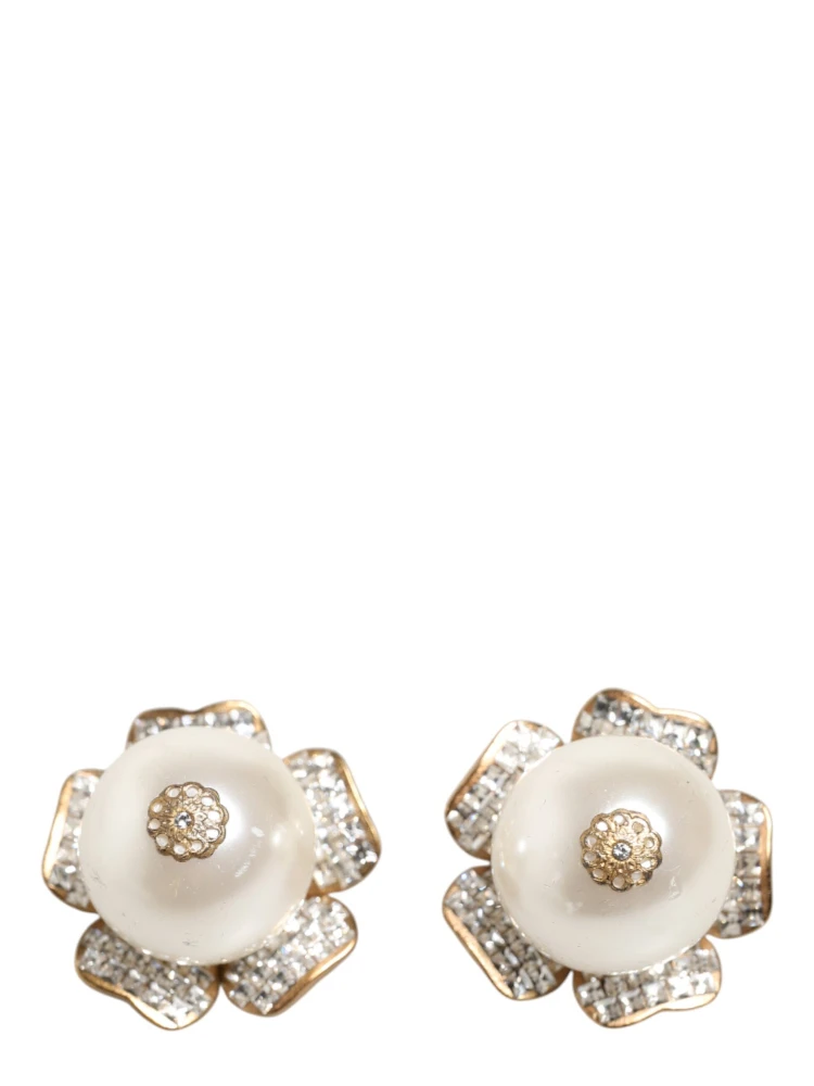 Gold Tone Maxi Faux Pearl Floral Clip-on Jewelry Earrings
