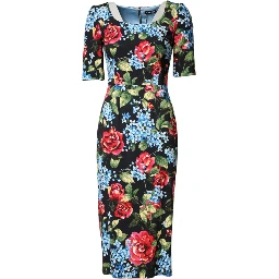 Black Floral Print Viscose Sheath Midi Dress