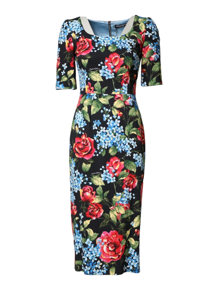 Black Floral Print Viscose Sheath Midi Dress