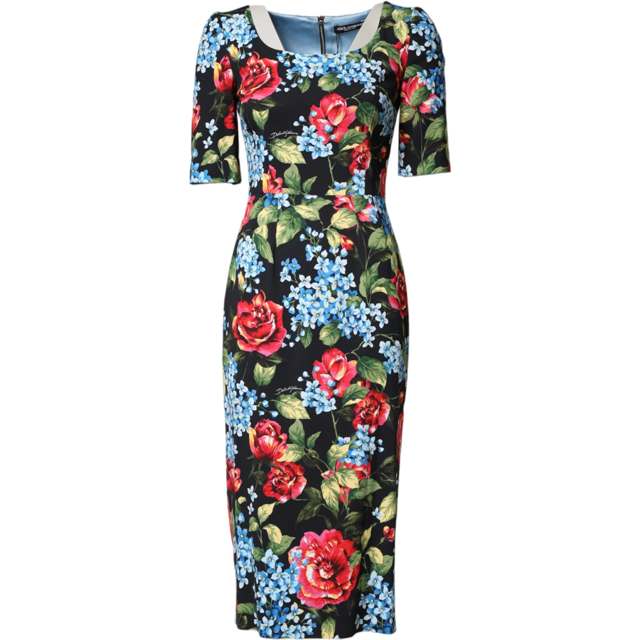 Black Floral Print Viscose Sheath Midi Dress