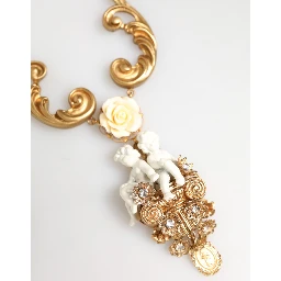 Gold Ceramic Crystal Cherub Baroque Pendant Necklace