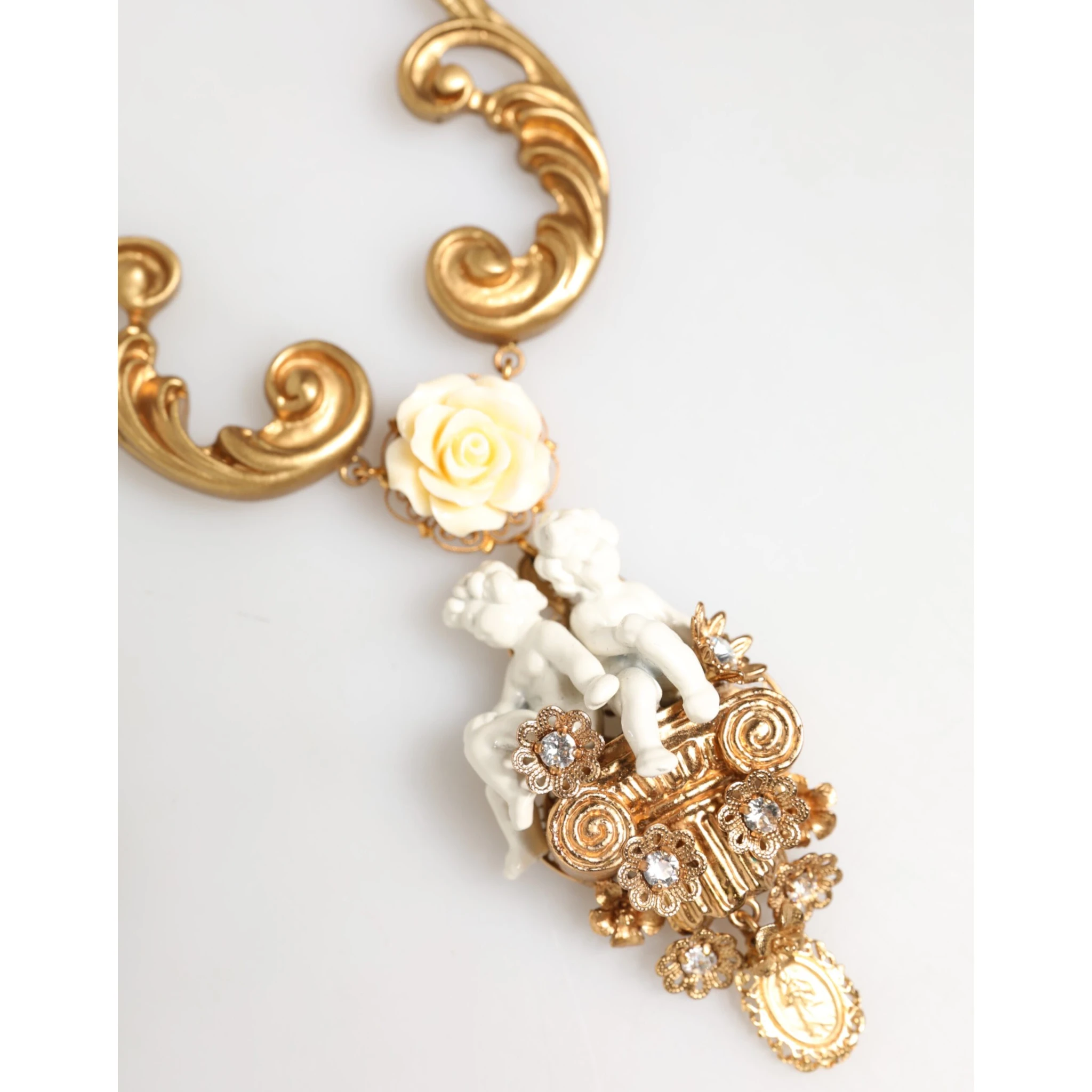 Gold Ceramic Crystal Cherub Baroque Pendant Necklace