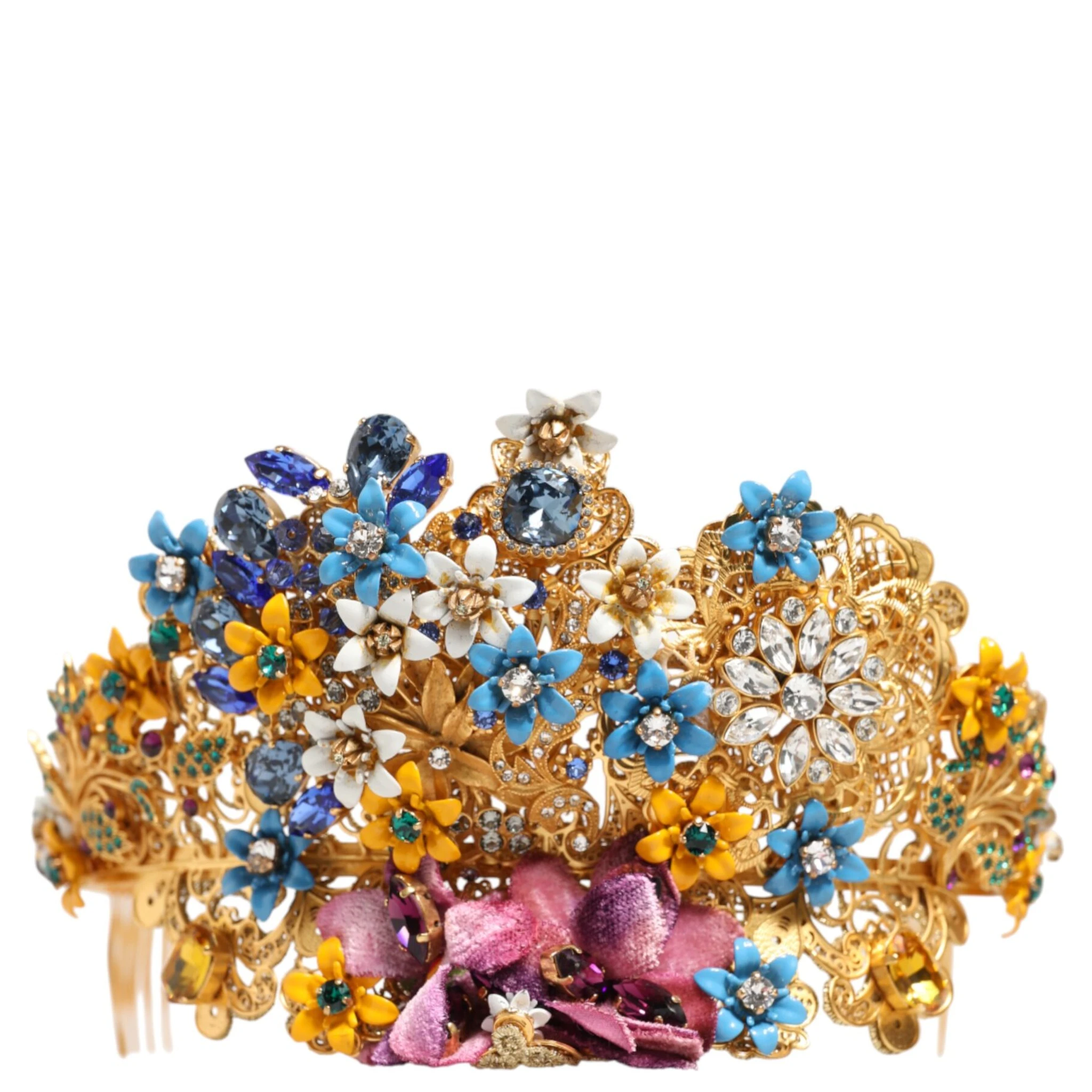 Gold Brass Crystal Floral Hortensia Crown Headband Tiara