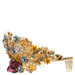 Gold Brass Crystal Floral Hortensia Crown Headband Tiara