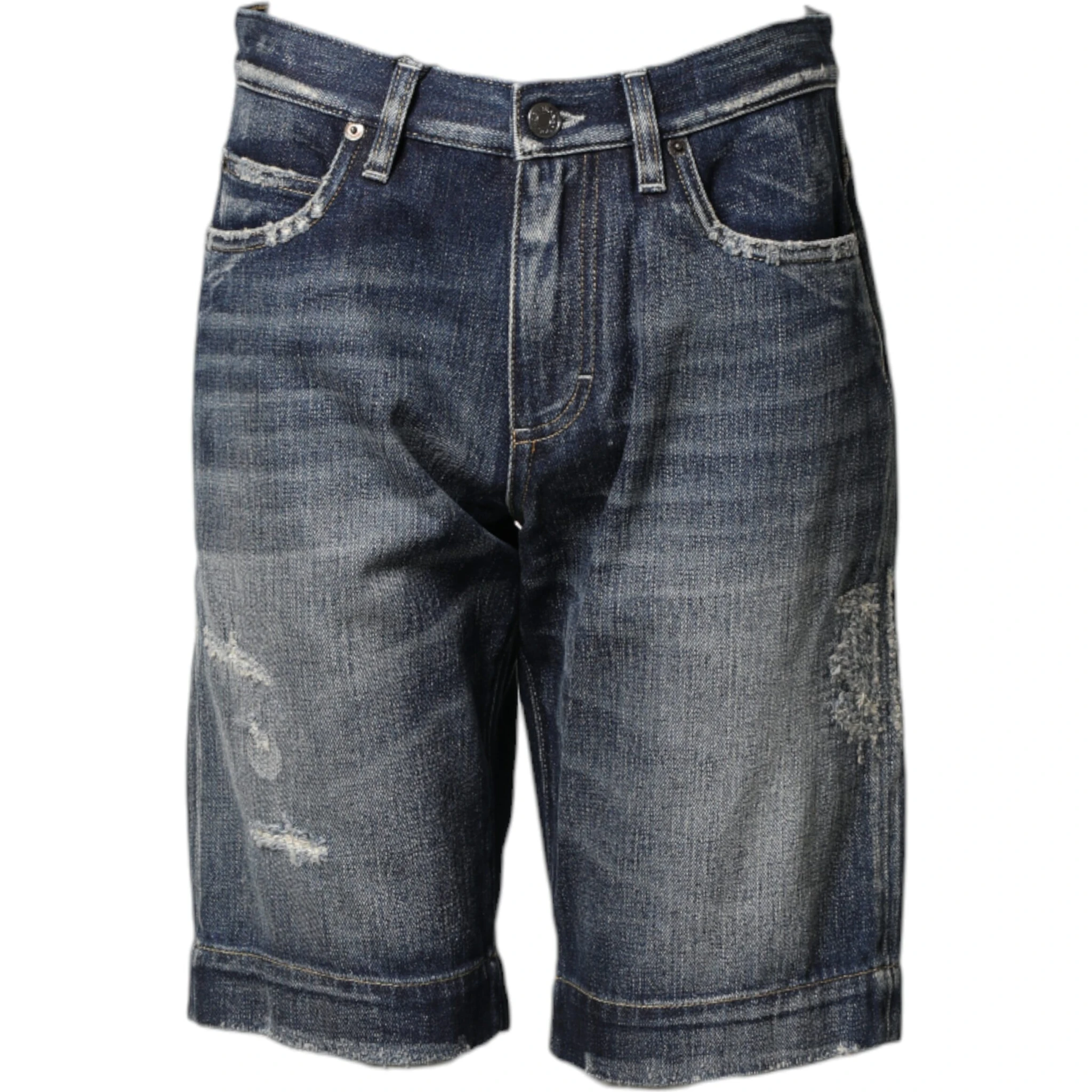 Blue Cotton Distressed Denim Bermuda Shorts
